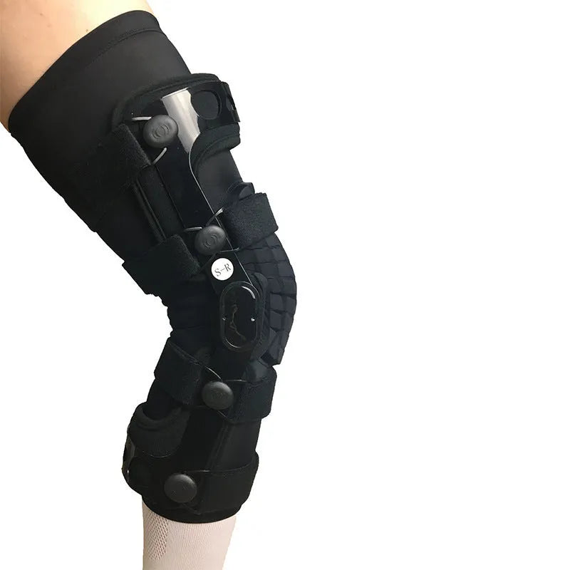 Black anterior knee support brace showing left and right specific versions for sizes S, M, L, and XL.