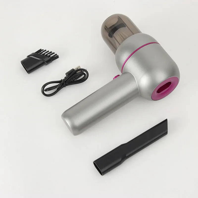 XC-06 grey handheld portable car vacuum cleaner and inflator with brush and extended nozzles.