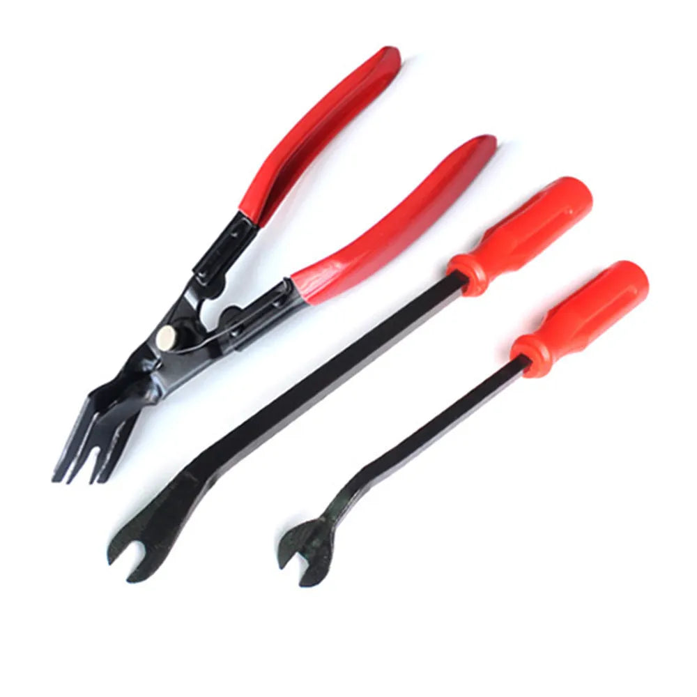 Red-handled steel automotive clip driver tool for General Motors horn and door panel nailing.