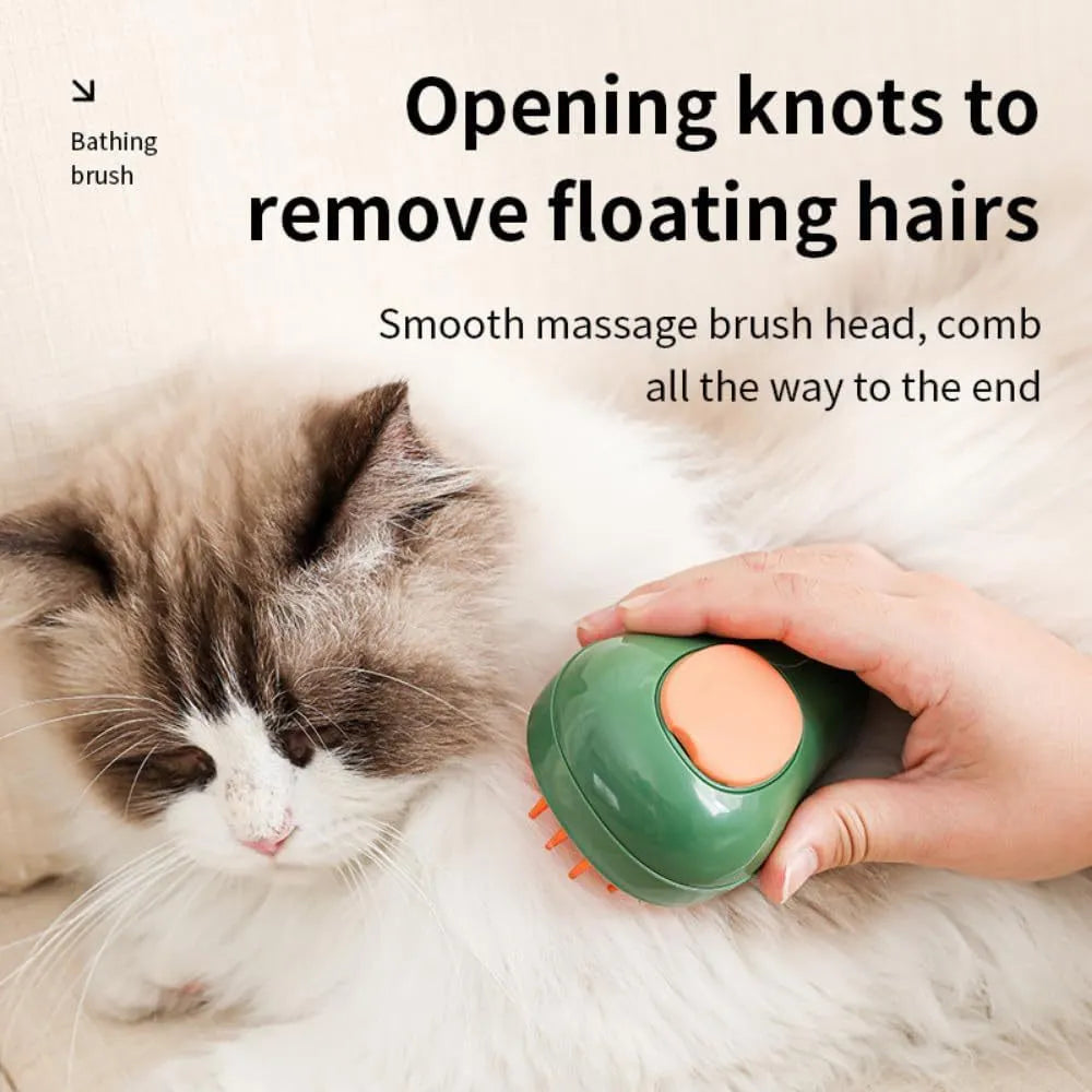 Green and white 3 in 1 cat steam brush with water spray, silicone teeth, showing 11cm size