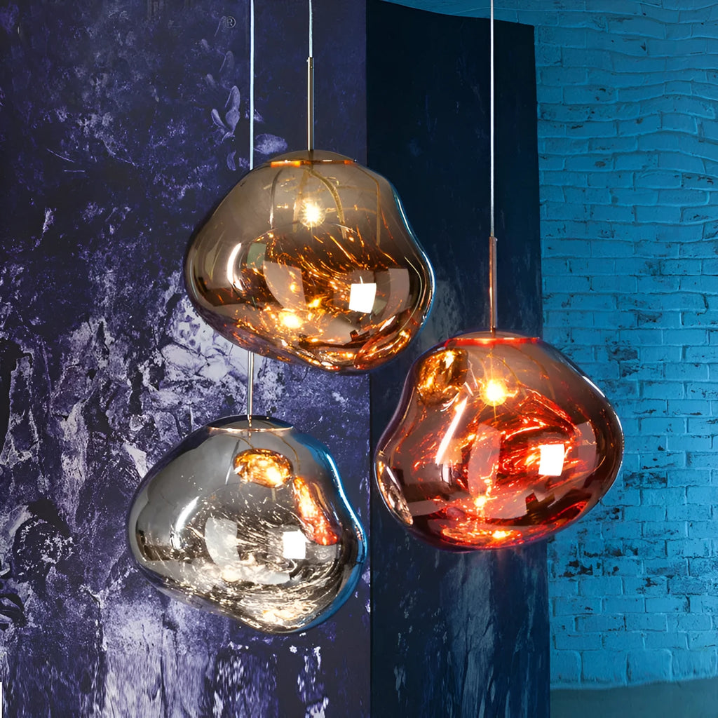 Nordic style lava lamp chandelier with glass body in gold, red copper, or silver metallic finish