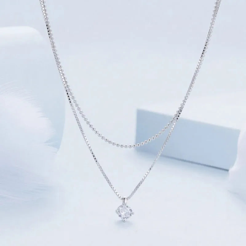 Women's double-layer silver necklace with 925 sterling silver pendant and pearl chain design