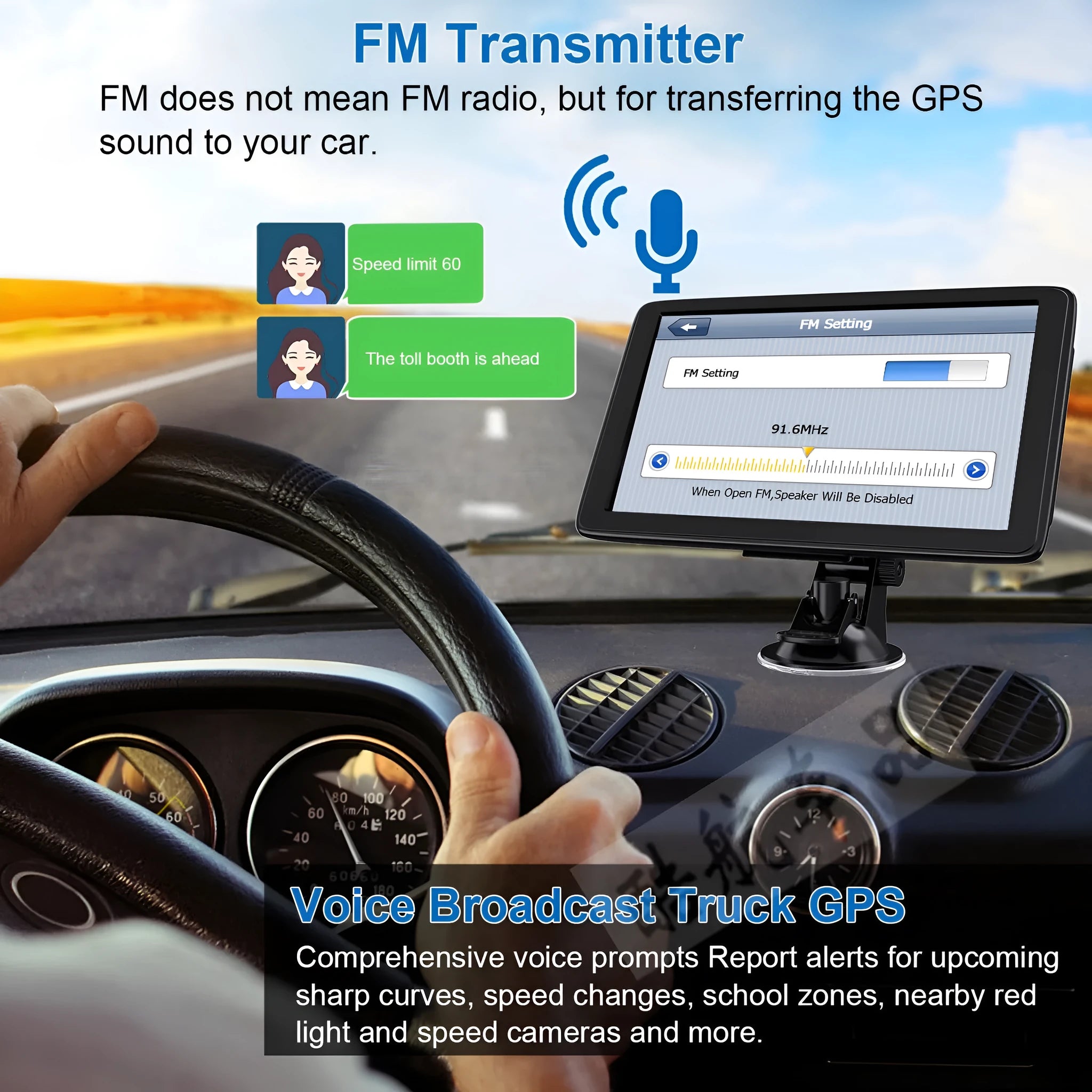 7 inch portable car GPS navigation device on a dashboard bracket showing a map on its HD touch screen.