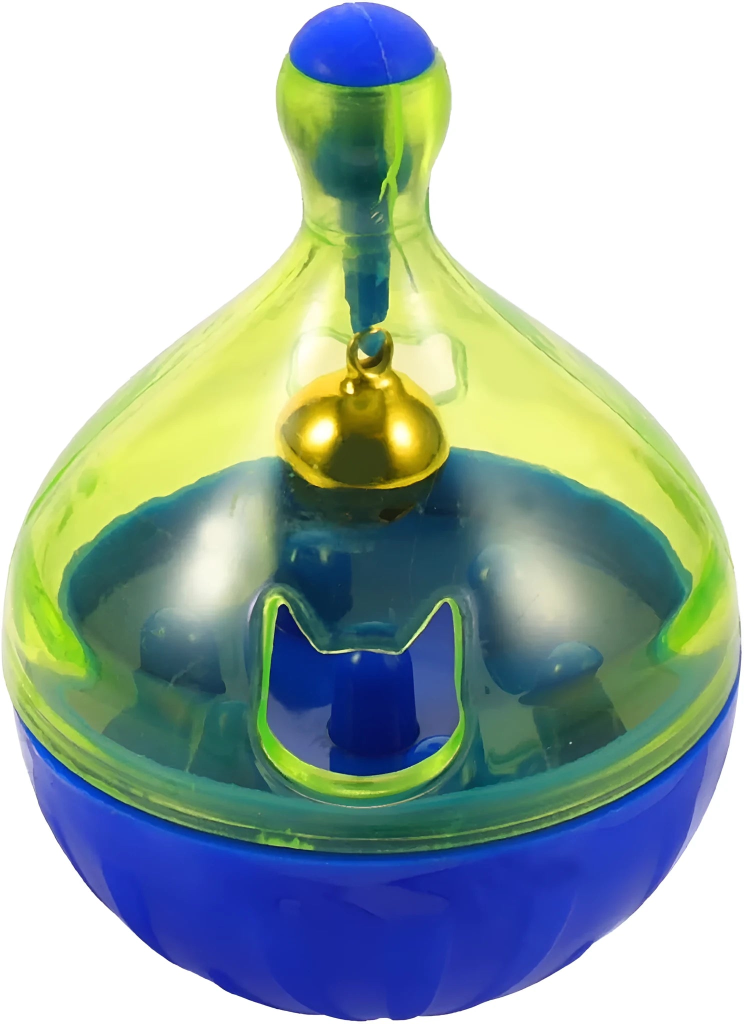 Blue interactive pet treat dispenser tumbler ball for dogs and cats on a wooden floor