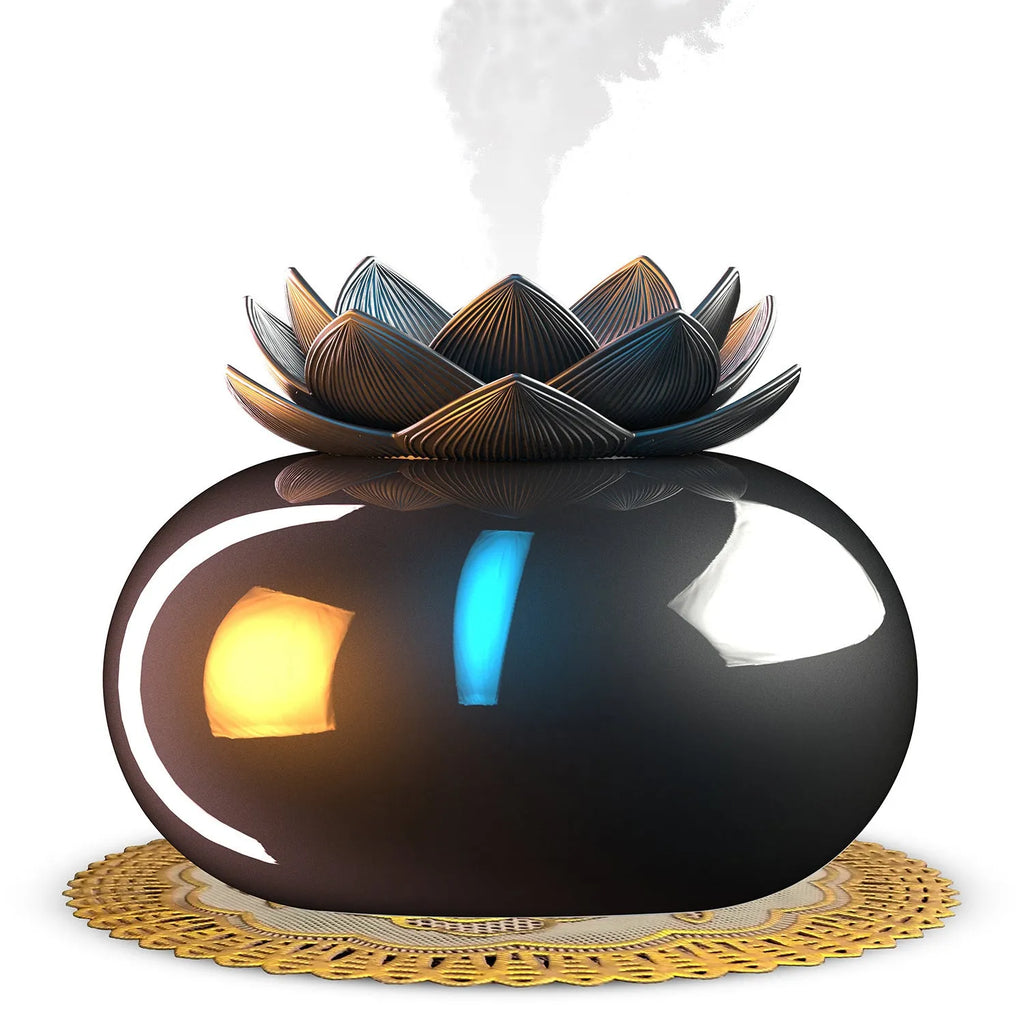 Pure black lotus aromatherapy humidifier with USB cable on desk surface