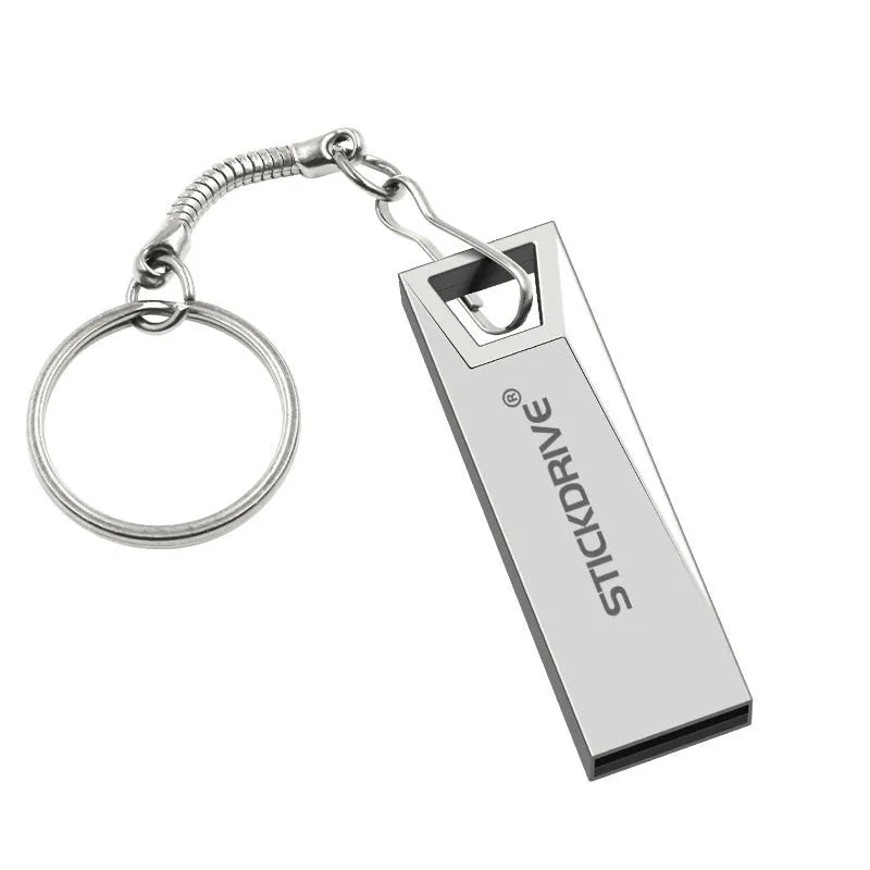 Silver and black metal USB flash drive on a necklace chain, showing lanyard and capacity options.