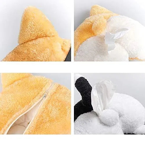 Soft yellow Corgi butt shaped tissue box cover with elastic strap for car sun visor