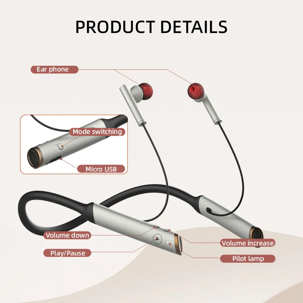 Simple neck hanging Bluetooth headphones in silver and black ABS plastic on display