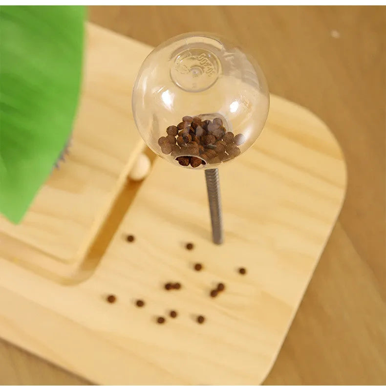 Tall canna-coloured wooden cat scratching post with a food drop ball attached.
