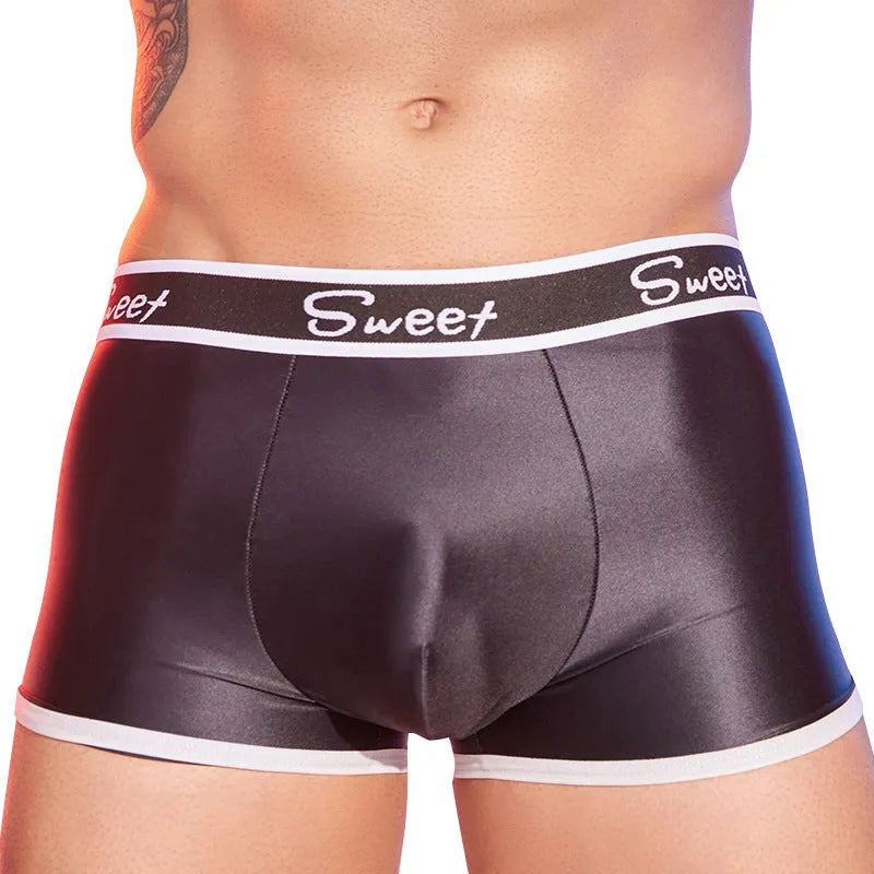 Men's shiny silky nylon boxers in black, white, and sapphire blue colours with Asian sizing fit