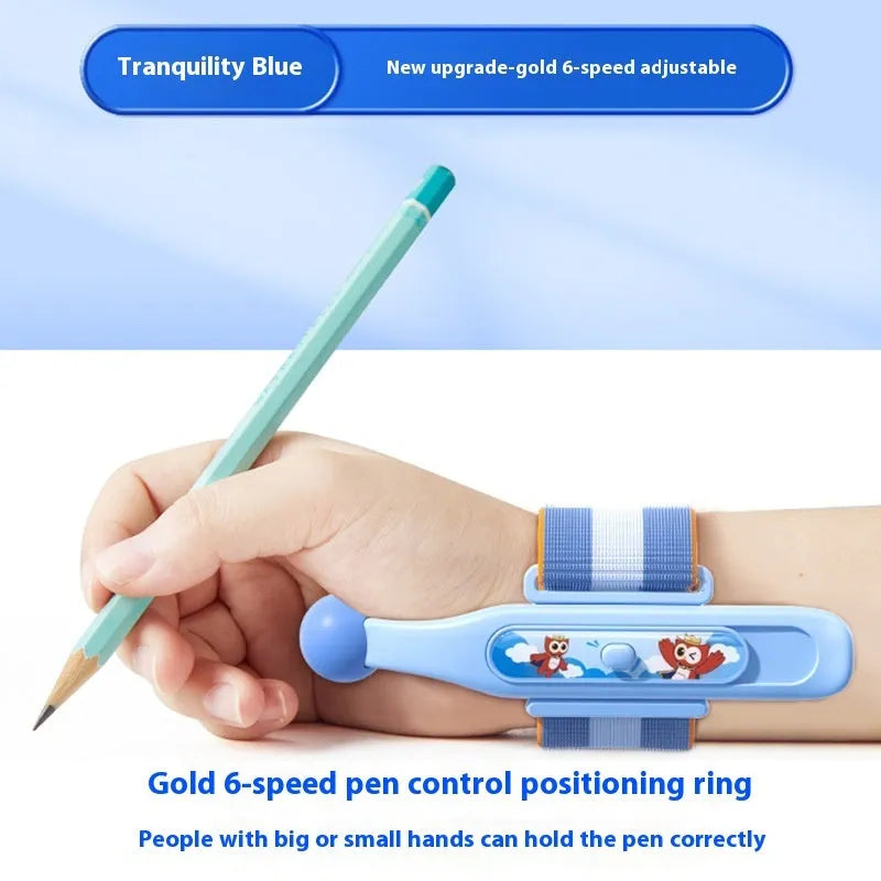 Anti-hook wrist brace pen control corrector for children's handwriting training in blue colour