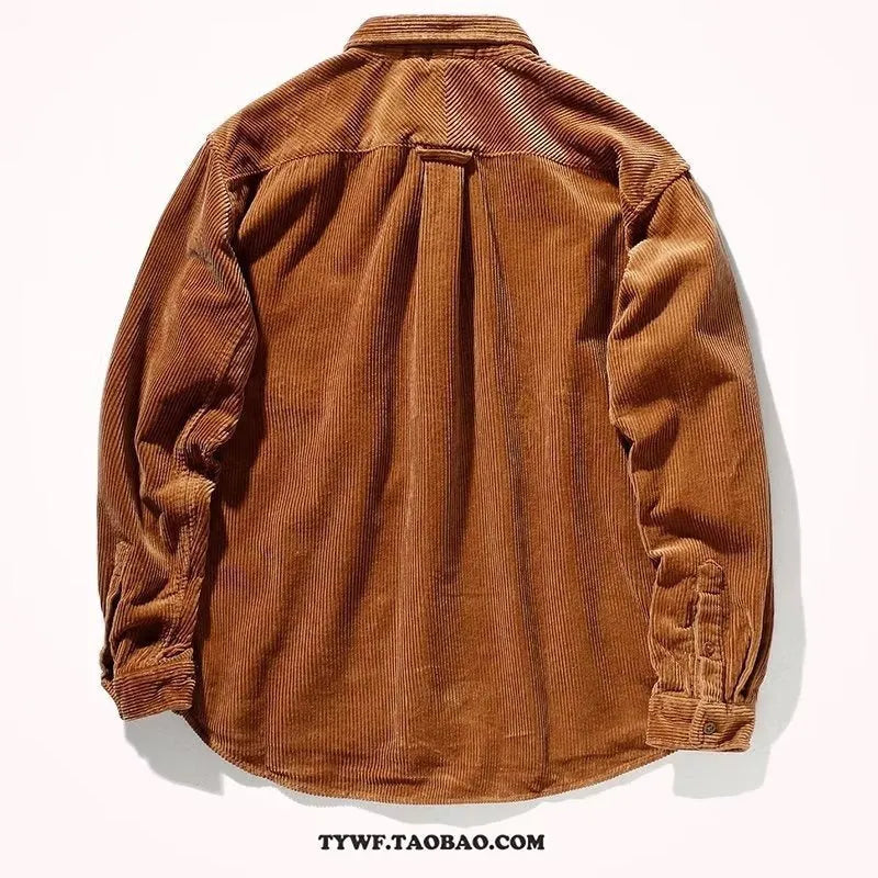 A man's loose-fit corduroy long sleeve casual shirt in caramel colour on a hanger.