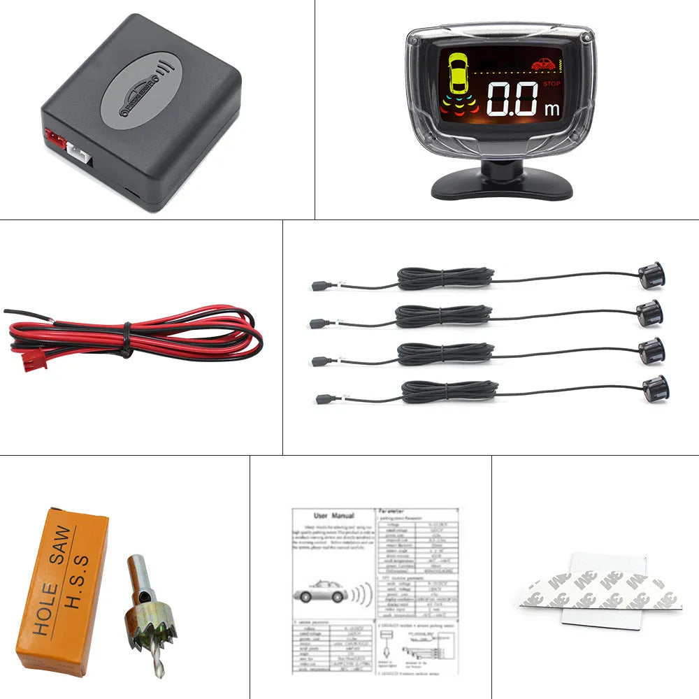 Wireless reversing sensor system with digital display, four probes, and installation accessories for vehicle obstacle detection