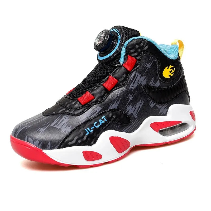 Children's rotating button basketball running shoes in multiple colours on a white background.
