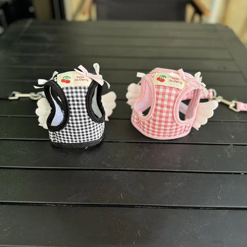 Pink and black cotton dog harness and lead set for small dogs with chest and back handle
