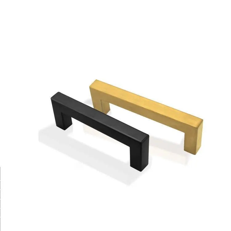 Stainless steel square pipe cabinet handle with a brushed finish, shown next to a size specification chart.