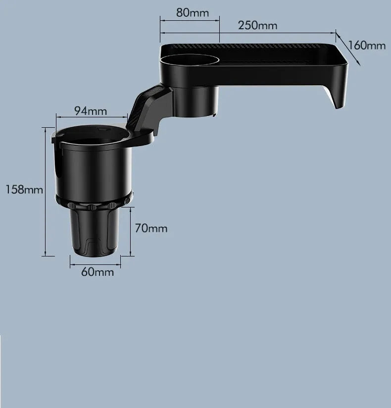 Black ABS plastic car-mounted rotating dinner tray holder showing 360-degree adjustment mechanism