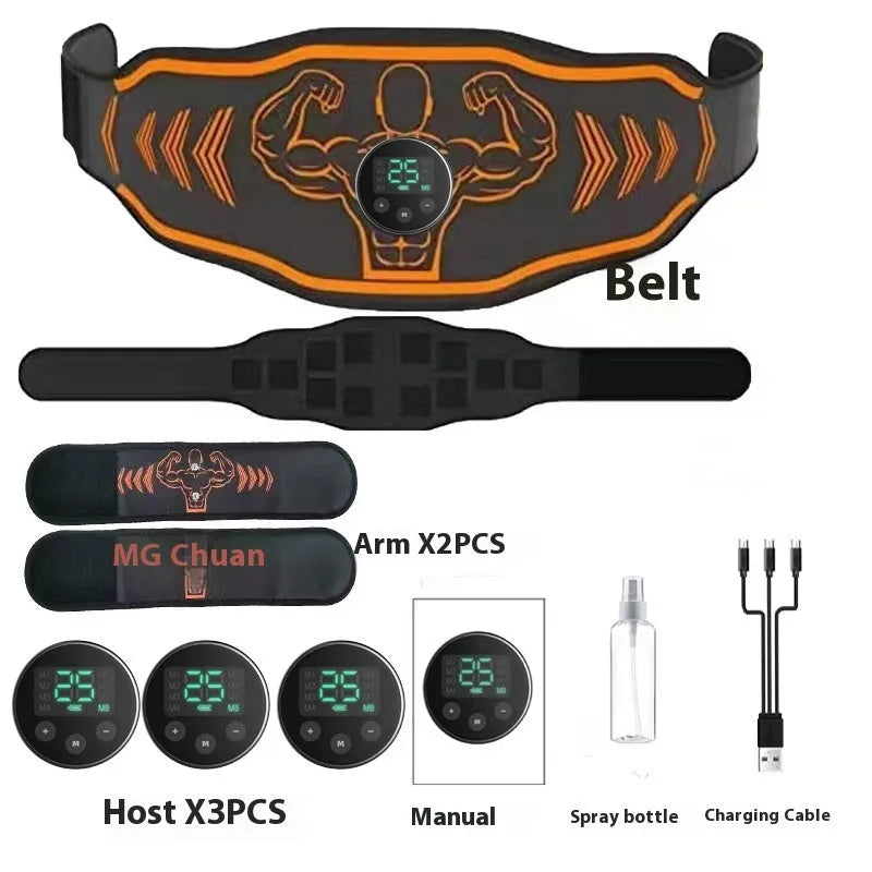 EMS smart massage fitness belt with rechargeable host unit and arm electrodes in blue colour