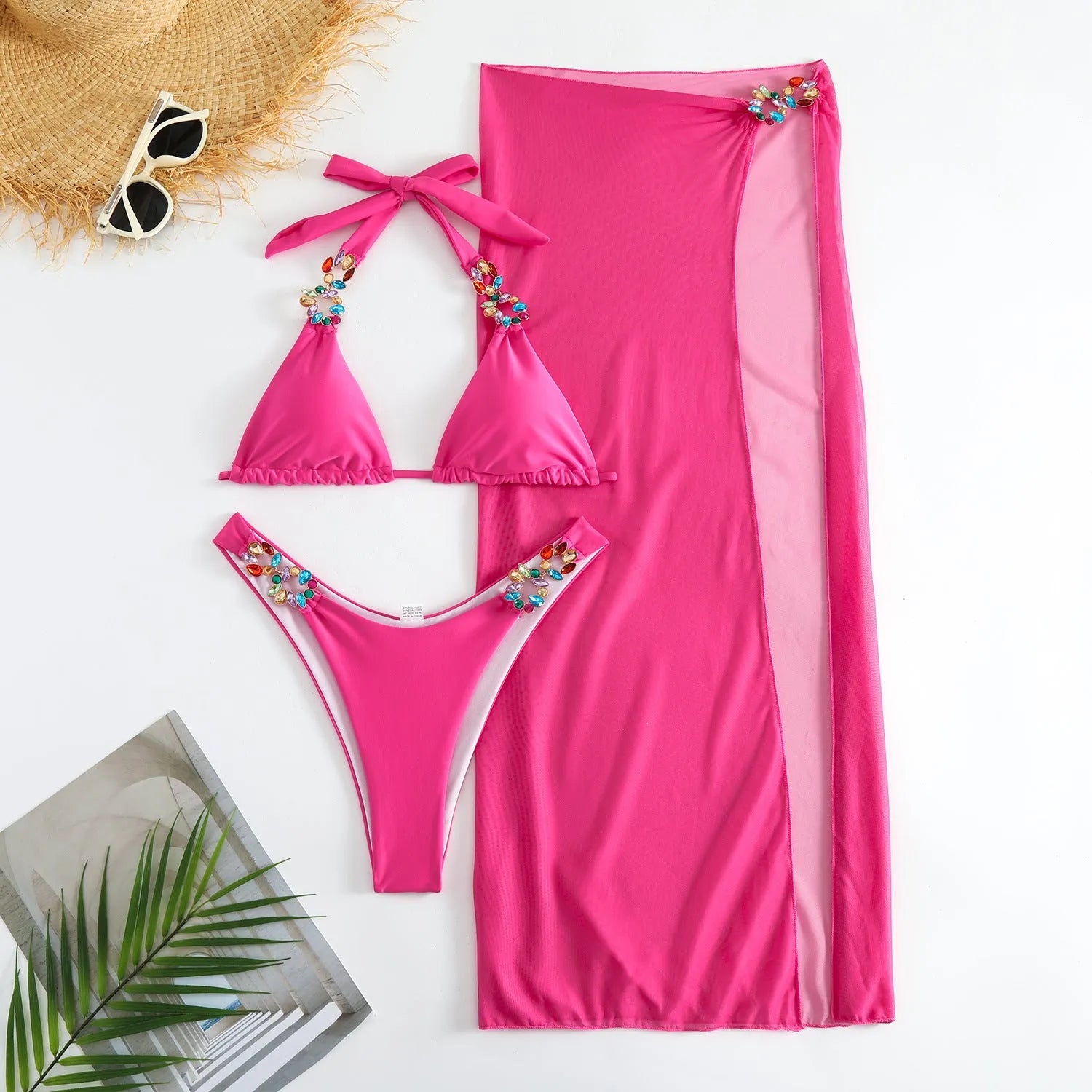Three-piece swimsuit bikini set with mesh long skirt in solid colour diamond print