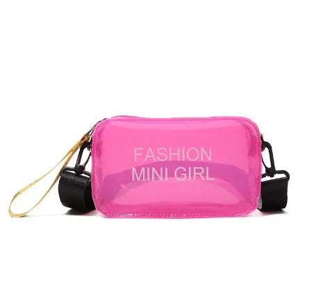 Transparent square jelly shoulder bag with adjustable strap showing internal mobile phone compartment