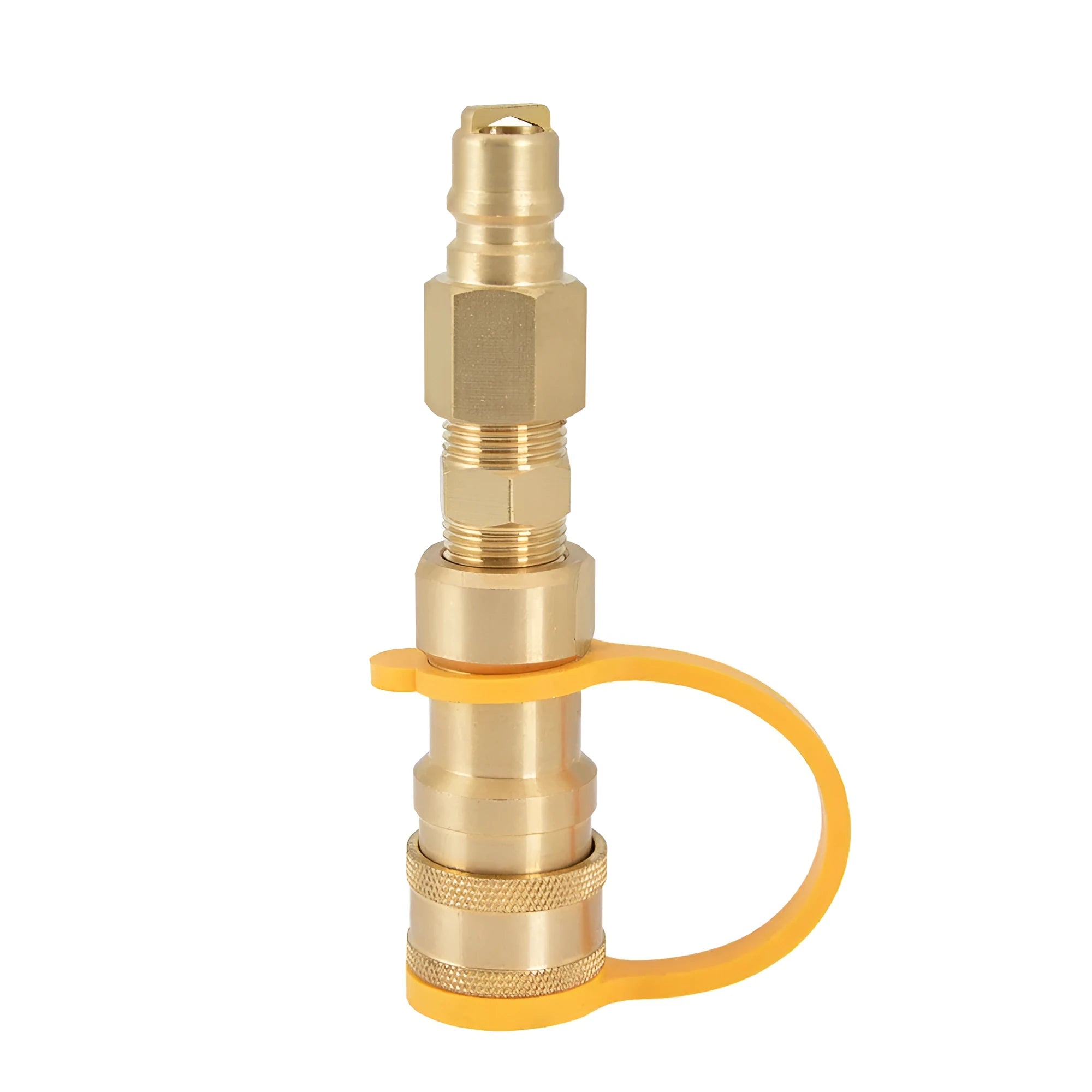 Gold-coloured brass 3/8-inch gas tank connector with visible threads for propane conversion.