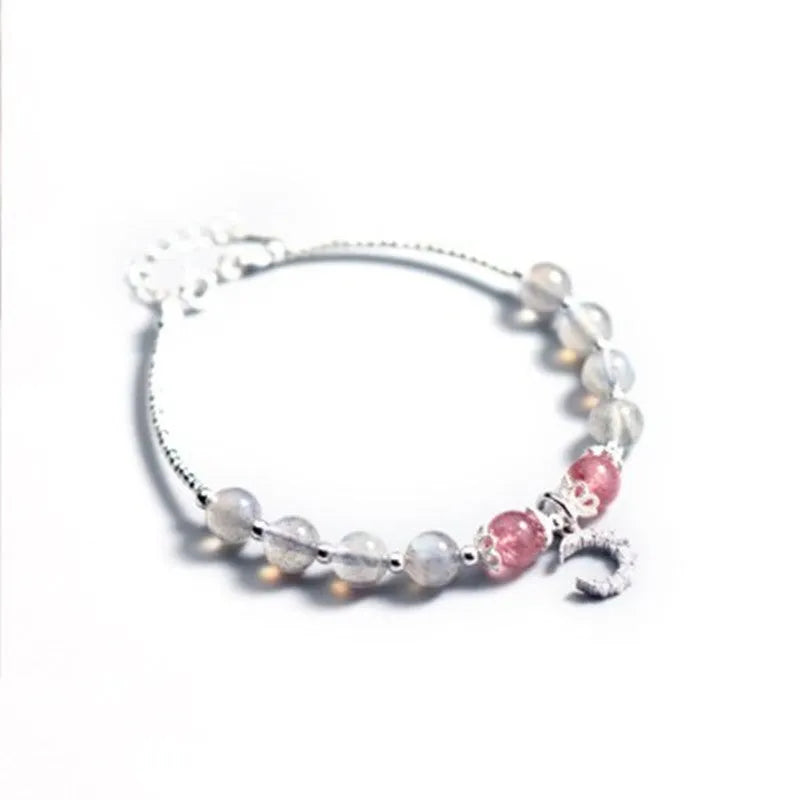Natural moonstone bracelet with silver crescent moon charm and crystals on adjustable chain