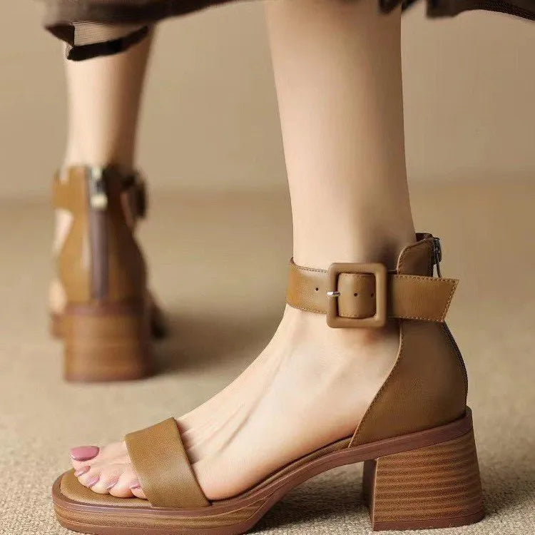 Retro ankle-strap platform high heels for women in white or khaki with round toe design