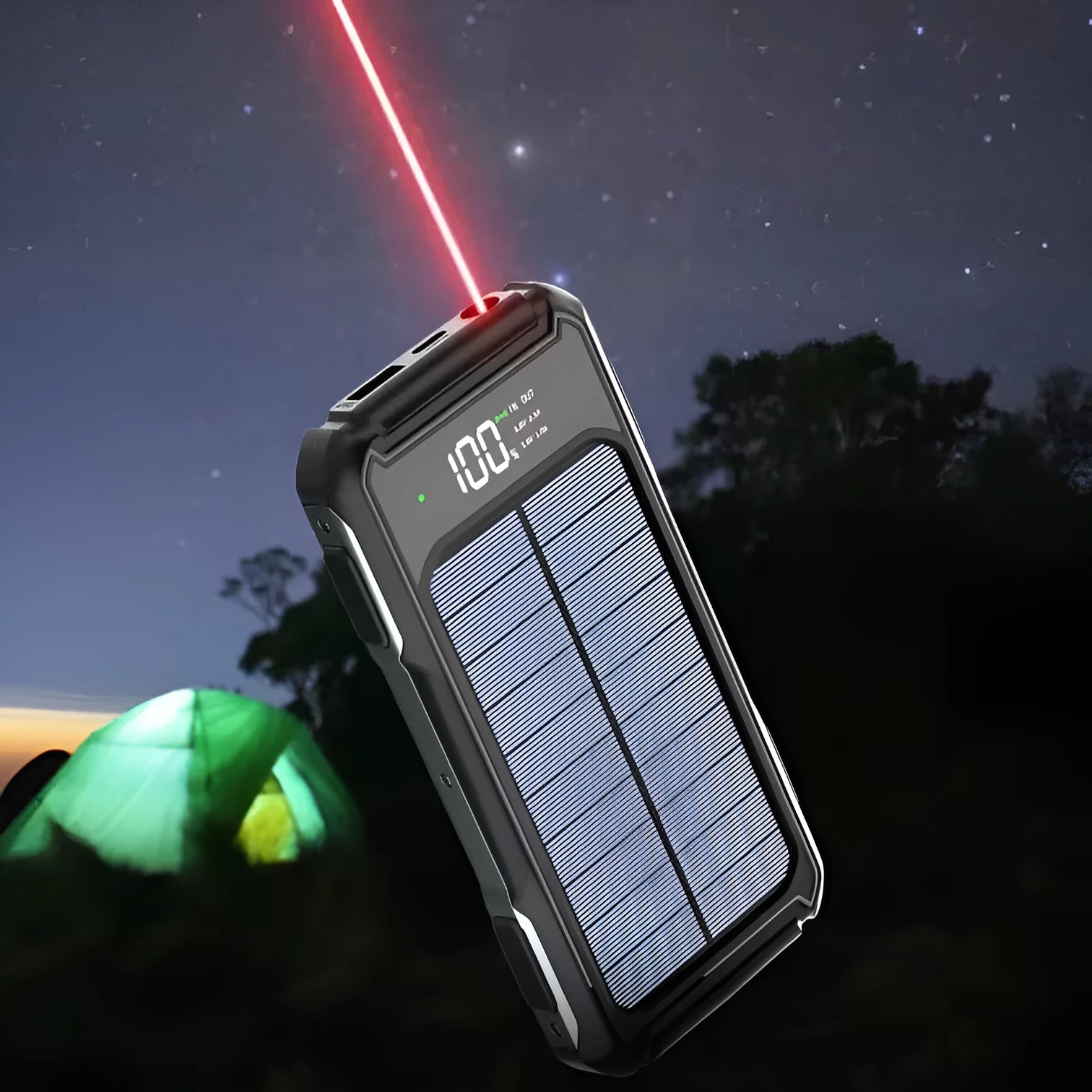 Black, green, and orange coloured large capacity mobile power bank showing size comparison.