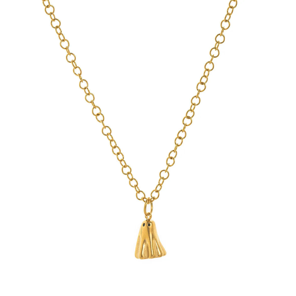Ghost pendant necklace with twisted stainless steel chain, shown in available chain style options.