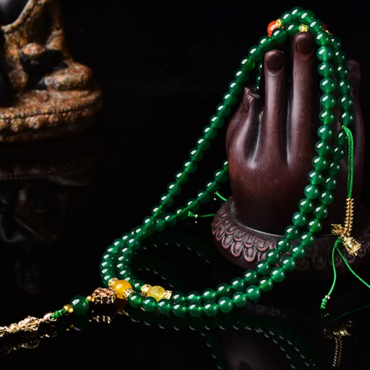 Handcrafted multi-strand bracelet with green agate beads from Brazil, showing size options.