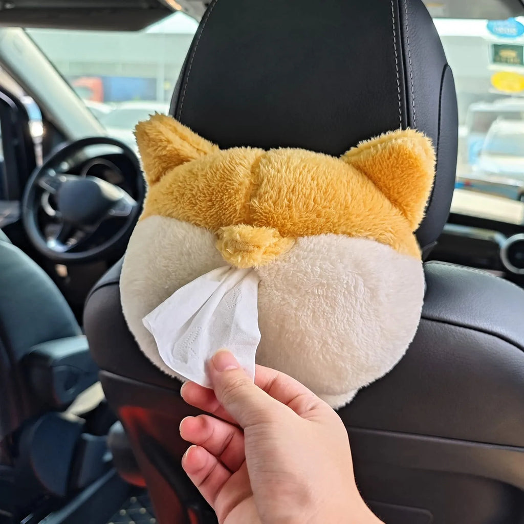 Soft yellow Corgi butt shaped tissue box cover with elastic strap for car sun visor