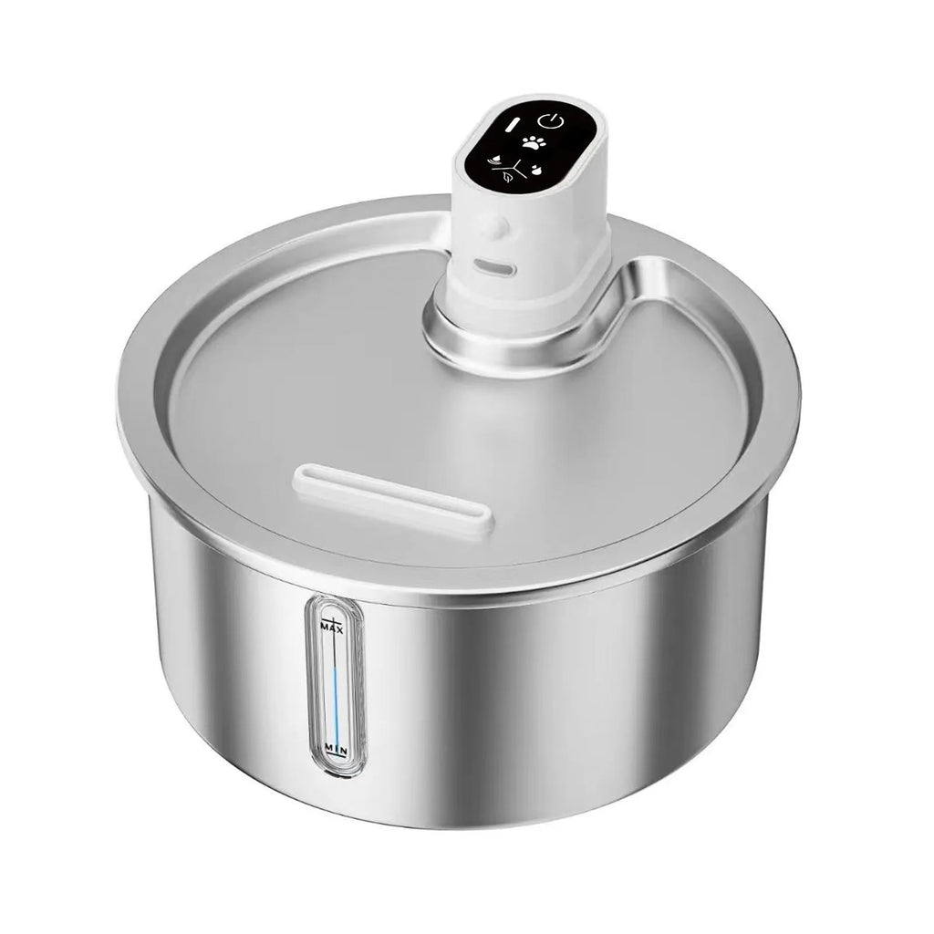 White stainless steel pet water fountain with digital temperature control base for cats and dogs
