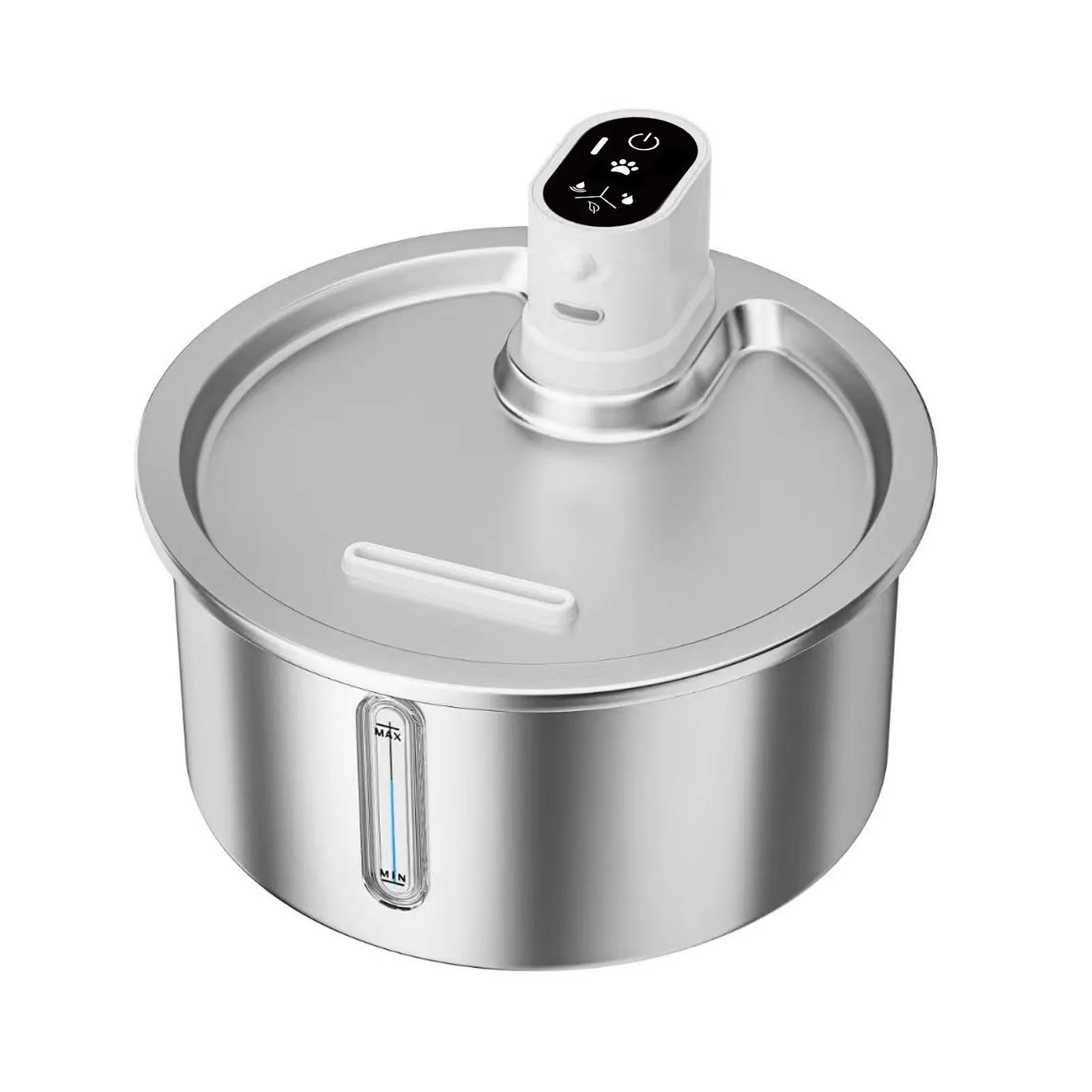 White stainless steel pet water fountain with digital temperature control base for cats and dogs