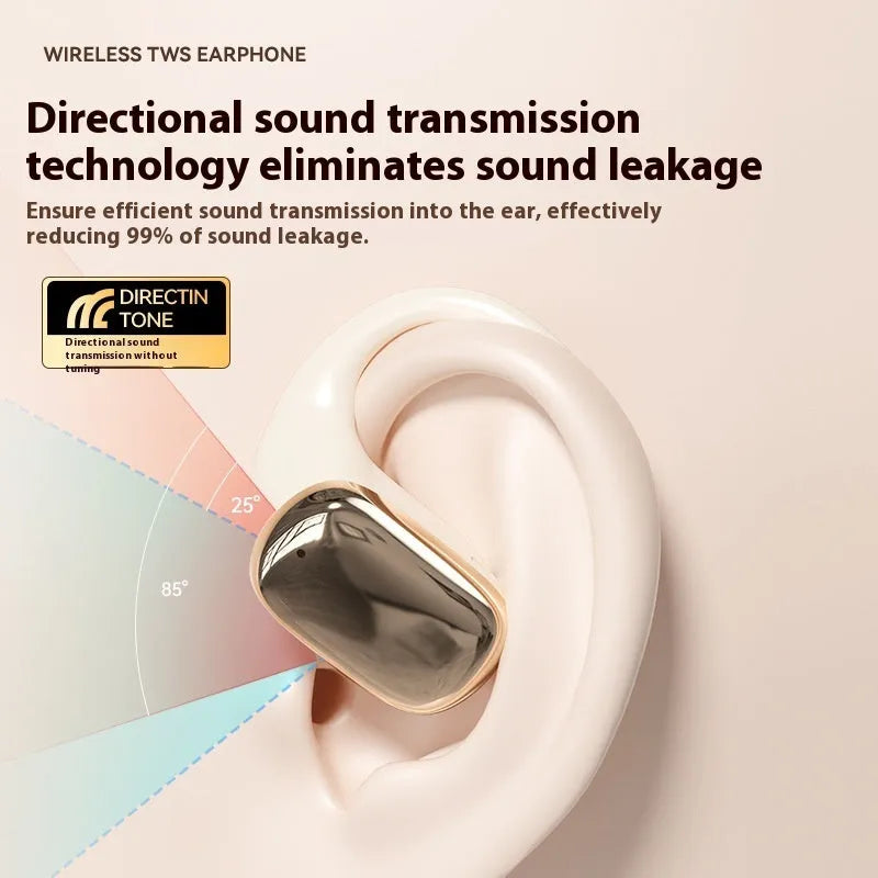 Ear-mounted wireless headphones with digital display in black, skin colour, or white ABS casing