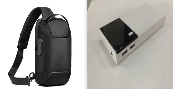 Black 20000mAh portable power bank with included USB charging cable