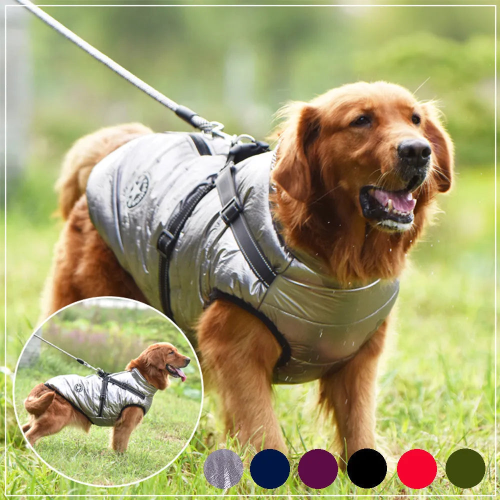 Waterproof dog coat with harness opening in rain silk material available in multiple colours and sizes