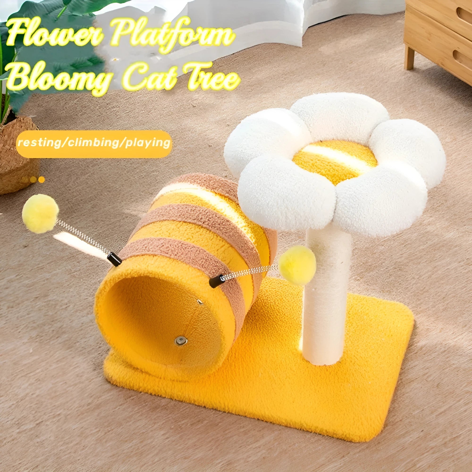 Yellow bee-themed cat climbing frame with sisal scratching surface and tunnel, dimensions 46x36x25cm