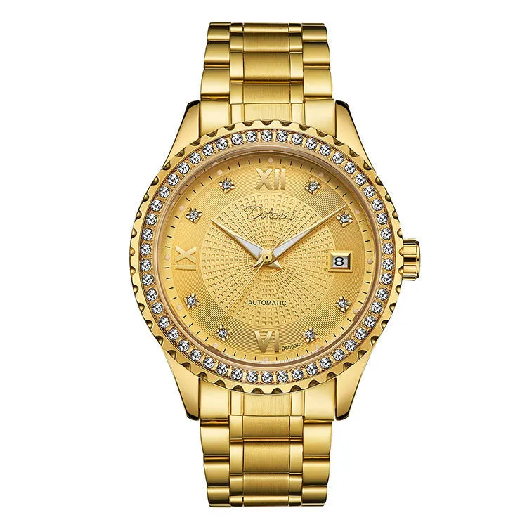 Men's automatic mechanical watch with luminous hands, waterproof construction, and gold case