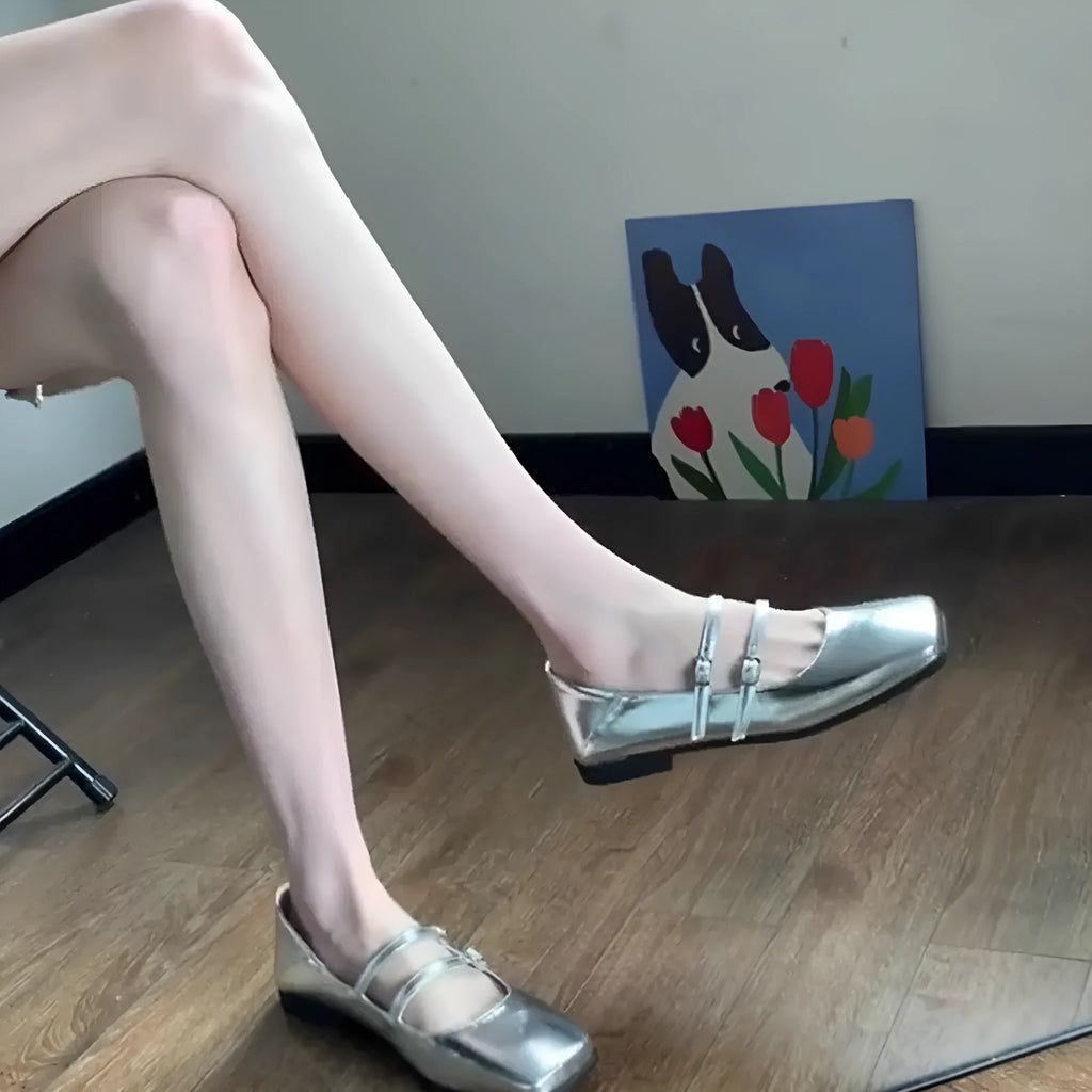 Women's leather Mary Jane flats with cross buckle strap in silver colour