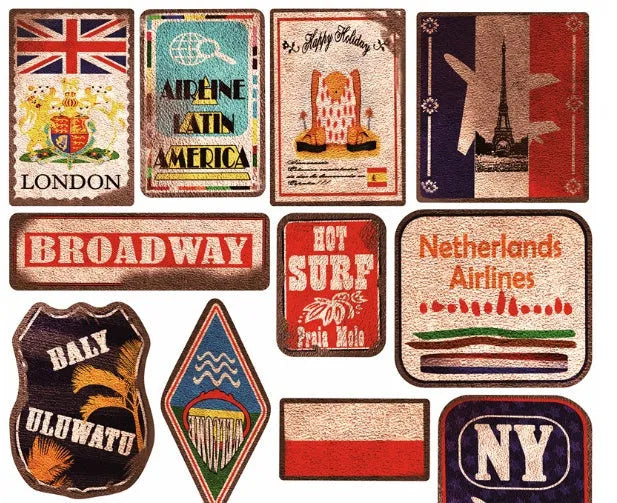 36 piece retro beach sticker set with surfing and travel designs on PVC material