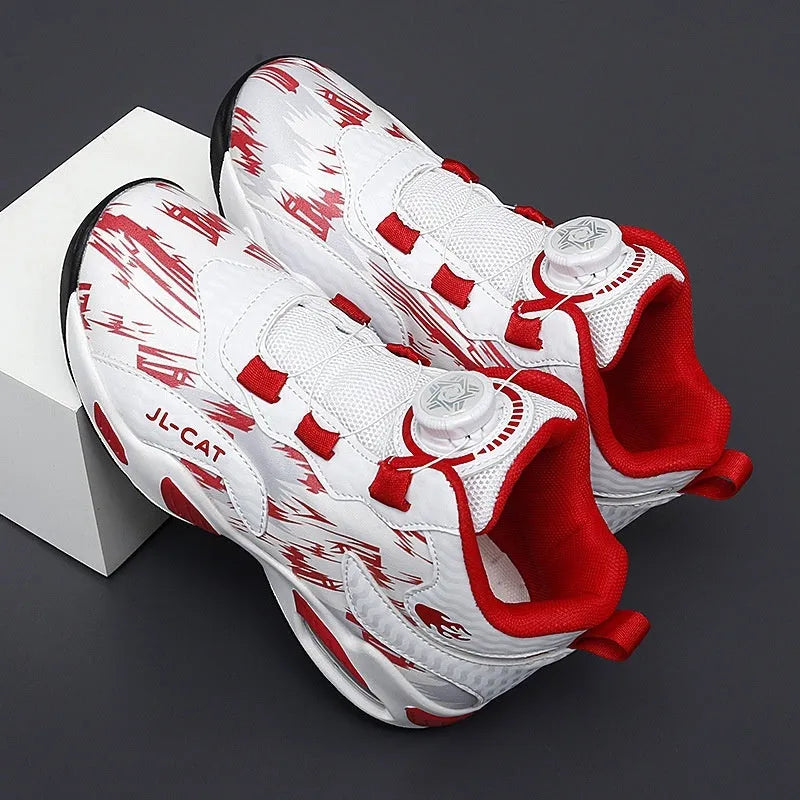 Children's rotating button basketball running shoes in multiple colours on a white background.