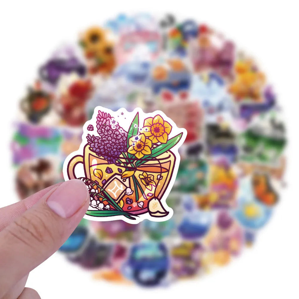 Colourful tea cup graffiti design waterproof vinyl stickers pack of 50 for DIY customisation