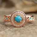 Women's turquoise ethnic style copper ring with geometric quadrangle design and micro inlaid zircon in rose gold colour