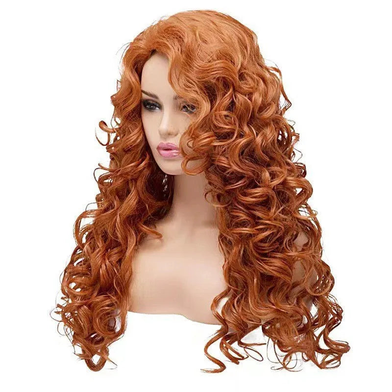 Brown long curly cosplay wig with wavy texture on wig head
