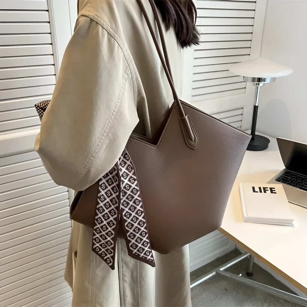 Women's structured PU leather shoulder bag in multiple colours showing dimensions and sandwich pocket detail.