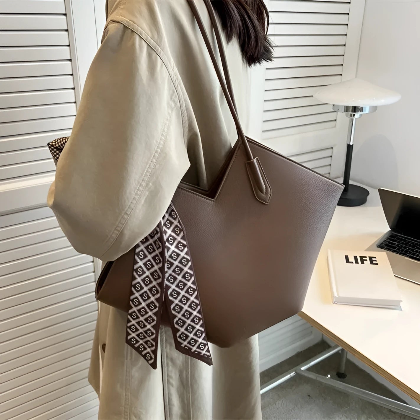 Women's structured PU leather shoulder bag in multiple colours showing dimensions and sandwich pocket detail.