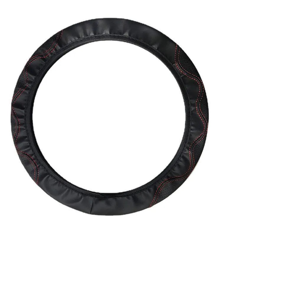 Elastic PU leather steering wheel cover with embossed corrugated pattern, shown in multiple colour options.