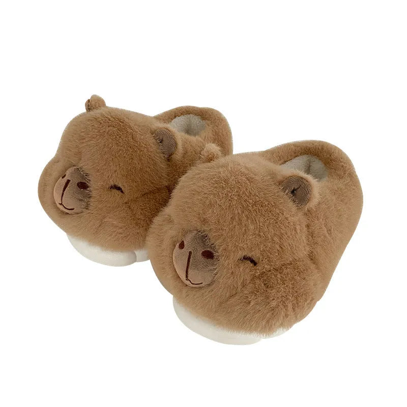 Light brown women's winter slippers with plush upper and artificial wool lining in adult sizes