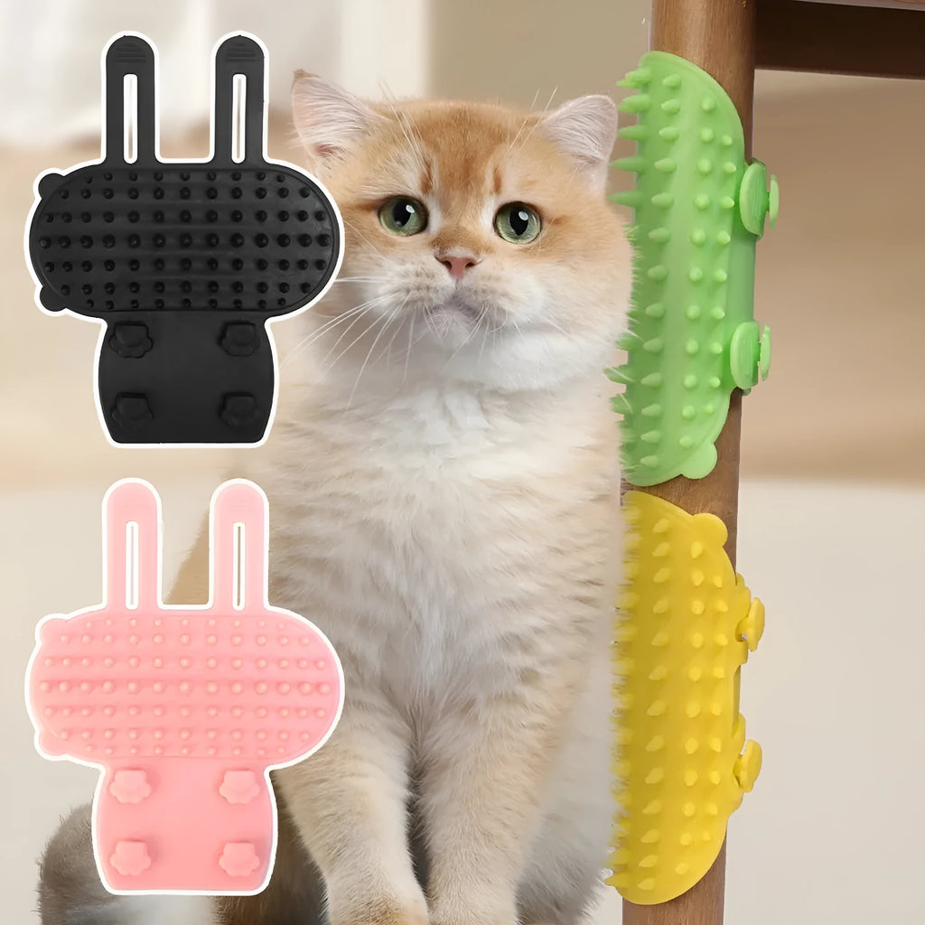 Silicone cat massage comb with rounded teeth and adjustable strap for table legs