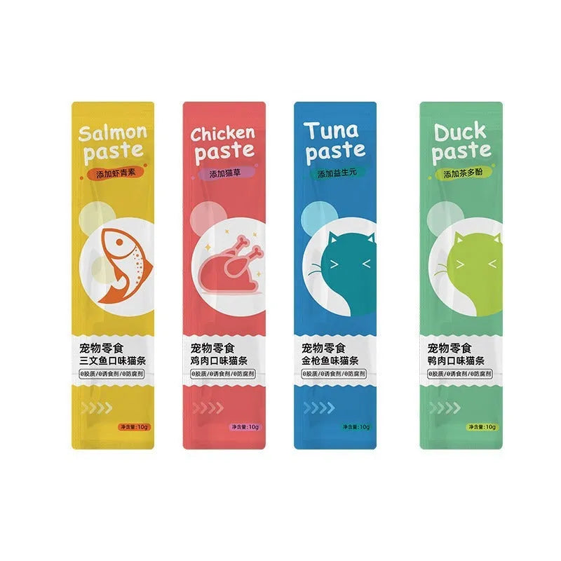 Pack of 10 mixed flavour cat snack strips showing four varieties suitable for kittens and adult cats